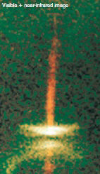   ​ In the above visible + near infrared image, the white color is the ______, the red color is the __________, and the lack of white color (or black color)  sandwiched between the upper white half-moon shape and the lower white half-moon shape is _________________. A)  star, jet, the infrared part B)  disk, Herbig-Haro object, empty space C)  surface disk, jet, the dense dust disk D)  None of the other choices are correct.