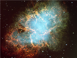 The image shows the Crab Nebula. The Crab Nebula is   A)  a planetary nebula. B)  a name for the cloud of gas and dust which later became our solar system. C)  an ejected cloud of gas from a supernova. D)  in the constellation Orion, containing many bright young blue stars.
