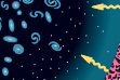   If a region of the universe during the big bang is the pink/black colors and a region of the universe today shows the sky-blue galaxies and stars, what are the yellow squiggly lines and when did they occur? A)  photons, matter-antimatter annihilation B)  photons, CMB C)  hydrogen fusion to helium, era when neither matter nor radiation dominates D)  gamma rays, dark age