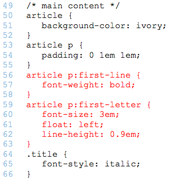   Referring to the figure above, which style rule uses a class selector? A)  article  B)  article p C)  article p:first line D)  title