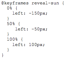   Referring to the figure above, what does the code reveal-sun represent? A)  the class value of the element to which the code applies B)  the name of the keyframe animation C)  the text that is animated D)  the title of the animation
