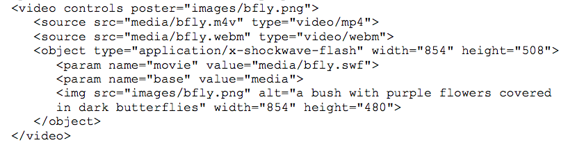   Referring to the code shown in the figure above, which element specifies the path and filename of the video file for older browsers? A)  video B)  source C)  object D)  param