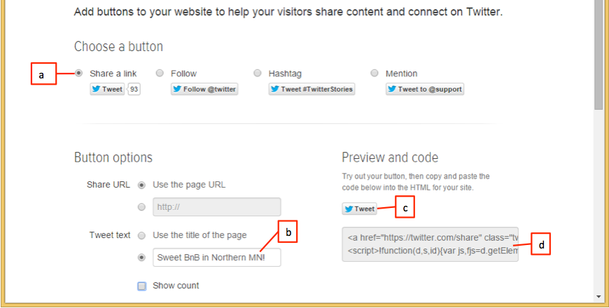  Referring to the figure above, which item sets the default text of the tweet? A)  a B)  b C)  c D)  d