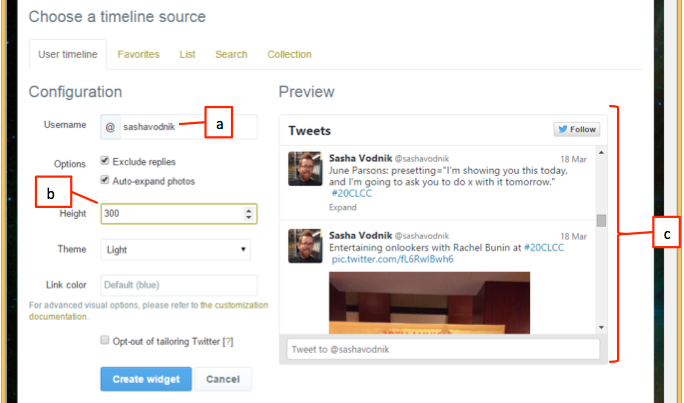   Referring to the figure above, which item indicates the hash tag to use as the source for the widget? A)  a B)  b C)  c D)  none of these