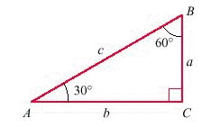  For this problem, use the triangle in the figure below. Express your two answers in simplest radical form.   If a = 8 ft, find b and c . A)   b = 3 \sqrt { 3 } \mathrm { ft } , c = 6 \sqrt { 3 } \mathrm { ft }  B)   b = 3 \mathrm { ft } , c = 6 \sqrt { 3 } \mathrm { ft }  C)   b = 3 \sqrt { 3 } \mathrm { ft } , c = 3 \sqrt { 3 } \mathrm { ft }  D)   b = 6 \mathrm { ft } , c = 6 \mathrm { ft }  E)   b = 3 \sqrt { 3 } \mathrm { ft } , c = 6 \mathrm { ft }
