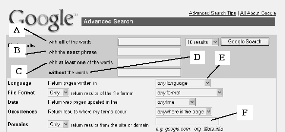 Match the Google advanced search function to the term below.   