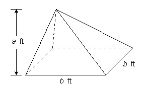  The Great Pyramid at Giza in northern Egypt is one of the most famous works of architecture in the world. Use information in the illustration to find the volume to the nearest cubic foot.   a = 455, b = 755 __________ ft  3