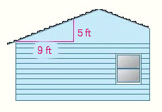  If the rise of the roof shown in the illustration is 5 feet, and the run is 9 feet, find the pitch of the roof.   A)   - \frac { 5 } { 9 }  B) 45 C)   \frac { 5 } { 9 }  D) 14 E)   \frac { 9 } { 5 }