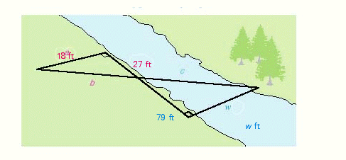  Use the dimensions in the illustration to find w , the width of the river. The two triangles in the illustration are similar.   A)   w = 52 \frac { 2 } { 3 }  ft B)   w = 54 \frac { 3 } { 7 }  ft C)   w = 51 \frac { 2 } { 3 }  ft D)   w = 54 \frac { 1 } { 7 }  ft E)   w = 51 \frac { 3 } { 7 }  ft 