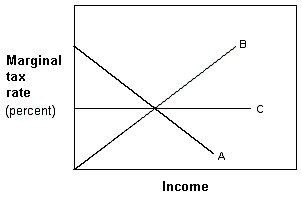 Exhibit 12-4 Marginal tax rate lines   In Exhibit 12-4, line B represents a: A) regressive tax. B) progressive tax. C) proportional tax. D) flat tax.
