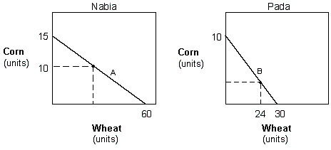 Exhibit 15-1 Production possibilities curves   In Exhibit 15-1, the production possibilities curves of wheat and corn for Nabia and Pada are presented. Suppose Nabia produces at point A on its PPC. How many units of wheat is the country able to produce? A) 15. B) 60. C) 5. D) 20. E) 40.