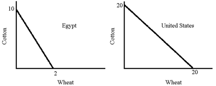 Figure 34-4   In Figure 34-4, the opportunity cost of a unit of wheat in terms of cotton is A)  1 for the United States and 5 for Egypt. B)  20 for the United States and 2 for Egypt. C)  1 for the United States and 2 for Egypt. D)  20 for the United States and 10 for Egypt.