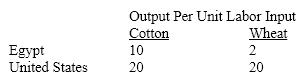 Table 34-3   The data in Table 34-3 indicate that the United States has A)  an absolute advantage in both goods, and a comparative advantage in cotton. B)  an absolute advantage in both goods, and a comparative advantage in wheat. C)  only a comparative advantage in wheat. D)  only a comparative advantage in cotton.