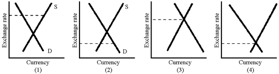 Figure 19-3   Of the graphs in Figure 19-3, where the dotted line shows the actual exchange rate, which one shows a country with an overvalued currency and a balance of trade deficit? A)  1 B)  2 C)  3 D)  4