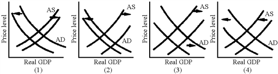 Figure 36-3   Which of the situations illustrated in Figure 36-3 shows the effects of a currency appreciation leading to real GDP growth? A)  1 B)  2 C)  3 D)  4