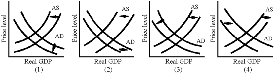 Figure 36-4   Which of the situations illustrated in Figure 36-4 shows a currency depreciation leading to inflation? A)  1 B)  2 C)  3 D)  4