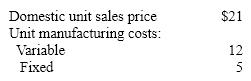 Jacoby Company received an offer from an exporter for 30,000 units of product at $15 per unit. The acceptance of the offer will not affect normal production or domestic sales prices. The following data are available:   What is the differential revenue from the acceptance of the offer? A)  $450,000 B)  $630,000 C)  $510,000 D)  $120,000