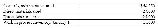 Smith Company reports the following information:   Factory overhead is 75% of the cost of direct labor.  Work in process inventory on December 31 is A)  $16,250 B)  $8,500 C)  $18,750 D)  $13,500