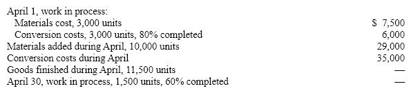 The debits to Work in Process-Assembly Department for April, together with data concerning production, are as follows:   All direct materials are placed in process at the beginning of the process and the average cost method is used to cost inventories. The conversion cost per equivalent unit (to the nearest cent)  for April is: A)  $2.70 B)  $2.53 C)  $3.31 D)  $5.60