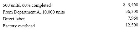 Everett Company's inventory at December 31 , and the costs charged to Work in Process-Department B during December are as follows:    During December , all direct materials are transferred from Department A, the units in process at December  1 were completed. Of the 10,000 units entering the department, all were completed except 1,200 units which were 25% completed as to conversion costs. Inventories are costed by the first-in, first-out method.  Prepare a cost of production report for December .