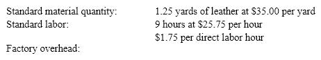 Compute the standard cost for one pair of boots, based on the following standards for each pair of boots:  