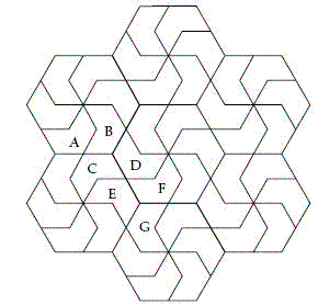 Look at the tessellation below, a hexagon that has been decomposed into six congruent hexagons called chevrons. Can you identify two chevrons in which the one is a reflection of the other? ​   ​ A)  D and E B)  B and C C)  C and E D)  C and D E)  A and E