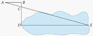 The diagram below shows how we can find the distance across a lake using the principle of similar triangles. If AB = 207 feet, BC = 110 feet, and CD = 295 feet, find the distance across the lake? Round your answer to two decimal places. ​   ​ A)  5551.36 feet B)  1110.27 feet C)  277.57 feet D)  555.14 feet E)  156.76 feet