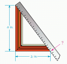 After joining two pieces of picture frame molding together, a frame maker checks her work by making a diagonal measurement (see the illustration). If the sides of the frame that form a right angle are a = 12 in. and b = 16 in., what measurement should the frame maker read on the yardstick?   __________ in.