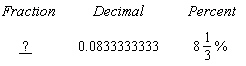  Change the given forms into the missing form:   A)   \frac { 8 } { 100 }  B)   \frac { 25 } { 3 }  C)   \frac { 8 } { 12 }  D)   \frac { 1 } { 12 }  E)   8 \frac { 1 } { 3 }