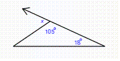  Find the measure of the indicated exterior angle.   A)   162 ^ { \circ }  B)   123 ^ { \circ }  C)   75 ^ { \circ }  D)   18 ^ { \circ }  E)   255 ^ { \circ }