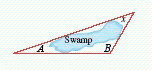  Assume that the given angles have been measured as  \angle A = 20 ^ { \circ }  and  \angle B = 118 ^ { \circ }  . Calculate the angle, x , that could not be found by direct measurement.   A)   \angle x = 42 ^ { \circ }  B)   \angle x = 70 ^ { \circ }  C)   \angle x = 222 ^ { \circ }  D)   \angle x = 98 ^ { \circ }  E)   \angle x = 20 ^ { \circ }
