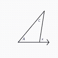 The measures of two angles of  \Delta   A B C  are given. Find the measure of the exterior angle,  x  , if  \angle A = 31 ^ { \circ }  and  \angle C = 36 ^ { \circ }  .     