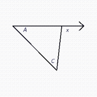  The measures of two angles of  \triangle A B C  are given. Find the measure of the exterior angle,  x  , if  \angle A = 43 ^ { \circ }  and  \angle C = 54 ^ { \circ }  .     