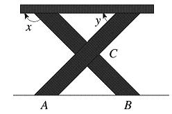  The legs of a picnic table form two isosceles triangles where  \angle A C B = 92 ^ { \circ }  . Find the measures of angles  x  and y so that the top of the table will be parallel to the ground.       