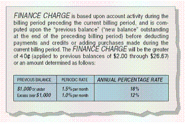  The finance charge disclosure on a Sears Revolving Charge Card statement is shown here. Why do you suppose that the limitation on the  40  cent finance charge is from $2.00 to $26.67?   For balances over $26.67, the interest would be __________ (answer more or less ) than __________ (answer $0.40 or $2.00) 