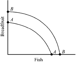 Figure 2-6   Which of the following will most likely shift the production possibilities curve for breadfruit and fish outward from AA to BB in Figure 2-6? A)  an improvement in the form of economic organization B)  lower investment and a reduction in the country's capital stock C)  an increase in the price of breadfruit D)  a decrease in the average number of hours worked