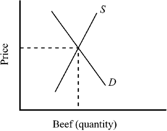 Figure 3-4   Figure 3-4 shows conditions in the market for beef. A reduction in the price of the grain used to feed cattle results in A)  the supply curve for beef shifting to the left resulting in higher beef prices and a lower quantity sold. B)  the supply curve for beef shifting to the right resulting in lower beef prices and a higher quantity sold. C)  the demand curve for beef shifting to the left resulting in lower beef prices and a lower quantity sold. D)  the demand curve for beef shifting to the right resulting in higher beef prices and a higher quantity sold.