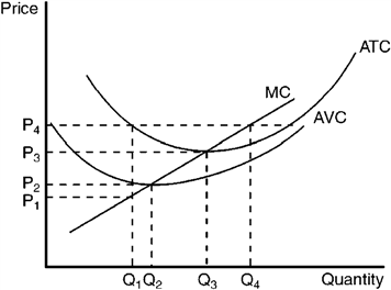 The graph below depicts the cost structure for a firm in a competitive market. Figure 9-13   Refer to Figure 9-13. When price rises from P<sub>3</sub> to P<sub>4</sub>, the firm finds that A)  fixed costs are lower at a production level of Q<sub>4</sub>. B)  it can earn a positive profit by increasing production to Q<sub>4</sub>. C)  profit is still maximized at a production level of Q<sub>3</sub>. D)  average revenue exceeds marginal revenue at a production level of Q<sub>4</sub>.