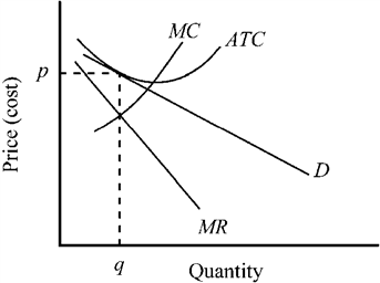 Figure 10-6   Given that the short-run cost and demand conditions shown in Figure 10-6 for the competitive price-searcher firm are representative for all firms in the industry, what will happen in this industry in the long run? A)  The firm will make long-run economic profits. B)  The firm will face competition from new entrants into the industry, causing this firm's demand to decline until zero economic profits are restored. C)  The firm will see some of its competitors exit from the industry, causing this firm's demand to increase until zero economic profits are restored. D)  This industry is in long-run equilibrium and will not experience any new entry or exit of firms.
