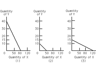 Exhibit 20-7 ​   Refer to Exhibit 20-7. For graph (3) , if the price of Y is $200, the price of X is A) $50. B) $40. C) $30. D) $25. E) $15.