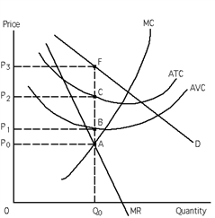 Exhibit 23-2   Refer to Exhibit 23-2. Total revenue at the profit-maximizing quantity of output is the A) area 0P<sub>0</sub>AQ<sub>0</sub>. B) area 0P<sub>3</sub>FQ<sub>0</sub>. C) distance from Q<sub>0</sub> to A. D) distance from Q<sub>0</sub> to D.
