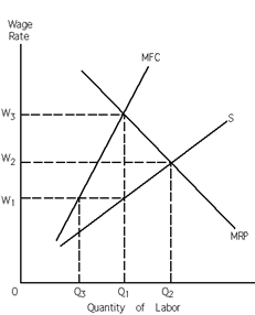 Exhibit 27-3 ​   Refer to Exhibit 27-3. In the absence of collective bargaining, if the profit-maximizing monopsonist were to pay workers what their services were worth to it, it would pay A) W<sub>1</sub>. B) W<sub>2</sub>. C) W<sub>3</sub>. D) some wage rate between W<sub>2</sub> and W<sub>3</sub>.