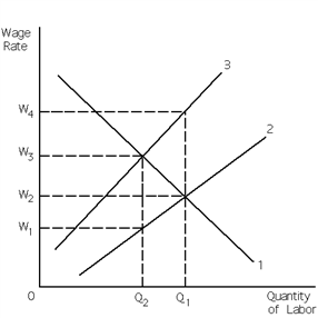 Exhibit 27-10 ​   Refer to Exhibit 27-10. If the firm in the exhibit is a monopsony, it will hire __________ quantity of labor and pay its workers the wage rate of __________. A) Q<sub>2</sub>; W<sub>3</sub> B) Q<sub>2</sub>; W<sub>1</sub> C) Q<sub>1</sub>; W<sub>2</sub> D) Q<sub>1</sub>; W<sub>4</sub>
