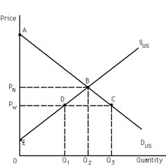 <strong>Exhibit 34-2 Refer to Exhibit 34-2. The U.S. demand and supply for a good are shown. Under a policy of free trade, the world price is P<sub>W</sub>. At this price, producers' surplus equals the area of</strong> A)P<sub>N</sub>BDP<sub>W</sub>. B)DBC. C)P<sub>W</sub>CBP<sub>N</sub>. D)P<sub>W</sub>DE.