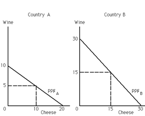 Exhibit 34-6   Refer to Exhibit 34-6. Which of the following is true? A) Country A has a comparative advantage in both cheese and wine. B) Country B has a comparative advantage in both cheese and wine. C) Country A has a comparative advantage in cheese, and country B has a comparative advantage in wine. D) Country B has a comparative advantage in cheese, and country A has a comparative advantage in wine.