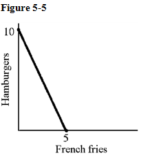   -Figure 5-5 shows a consumer budget line for French fries and hamburgers. The household allocates a budget for these two goods. Suppose that the price of an order of French fries is $2, what is household income? A) $1 B) $2 C) $5 D) $10
