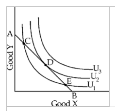 Figure 5-13     -​ If a consumer is currently at Point E on Figure 5-13, she will A) choose to move to the combination at C to make herself better off. B) choose to move to the combination at D to make herself better off. C) reduce expenditures to make herself better off. D) stay at Point E, since that combination is the cheapest alternative to be on indifference curve U <sub> 1 </sub> .