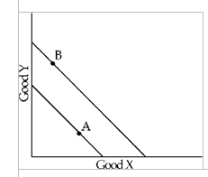 Figure 5-15   Hal initially consumes the combination marked as A in Figure 5-15. After his income increases, Hal consumes combination B. We can conclude that Hal views A) X as an inferior good and Y as a noninferior good. B) X as a noninferior good and Y as an inferior good. C) both X and Y as noninferior goods. D) both X and Y as inferior goods.