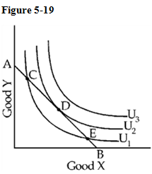   In Figure 5-19, the consumer experiences at point C A) greater total utility than at point D. B) greater total utility than at point E. C) less total utility than at point D. D) total utility equal to that experienced at point D.
