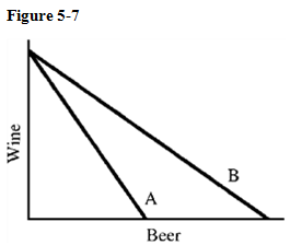   In Figure 5-7, budget line B compared to A clearly shows that the A) price of wine increased. B) price of beer decreased. C) price of beer increased. D) consumers' money income increased.